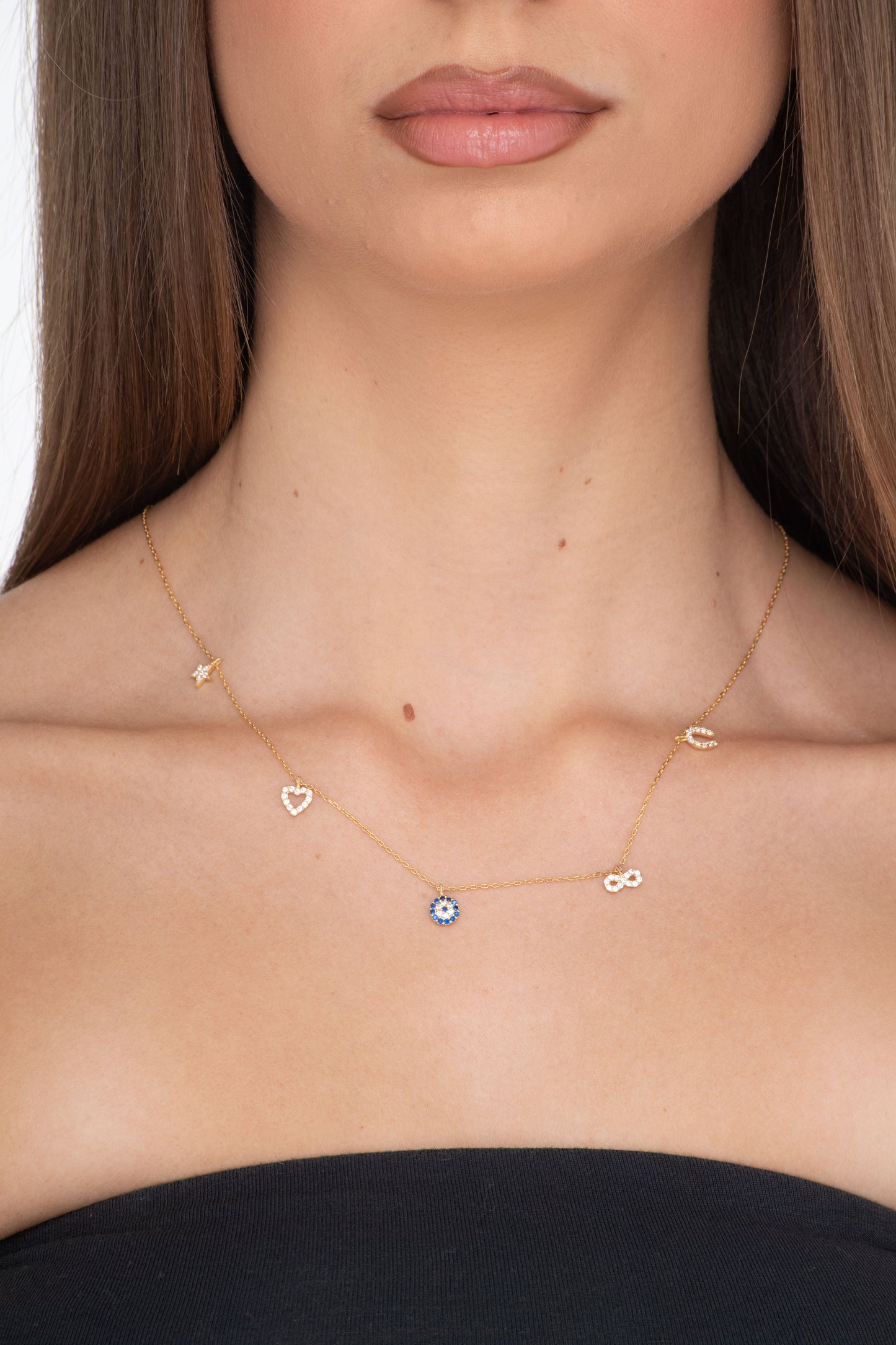good luck gold necklace, gold charm necklace, evil eye necklace, infinity symbol necklace, horse shoe necklace