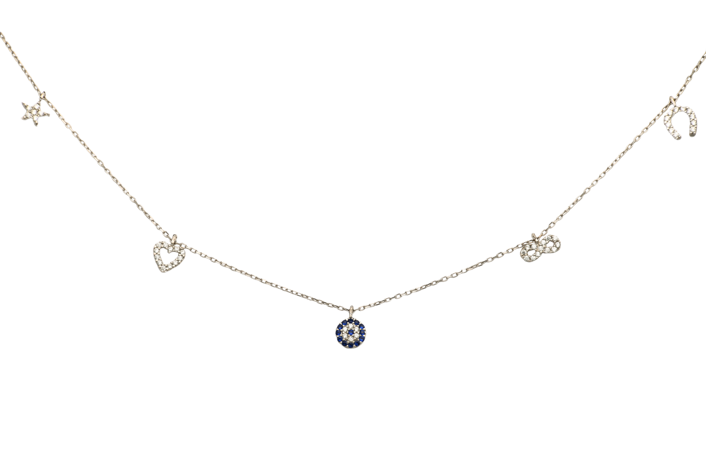 good luck silver neckalce, silver charm necklace, evil eye necklace, infinity symbol necklace, horse shoe necklace