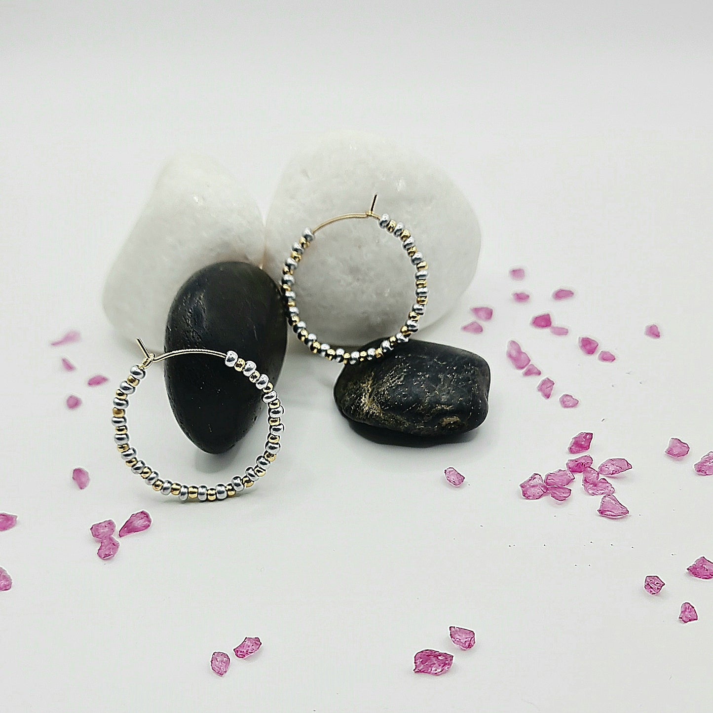 glass bead hoop earrings, gold hoop earrings, beaded hoop earrings, silver and gold hoop earrings