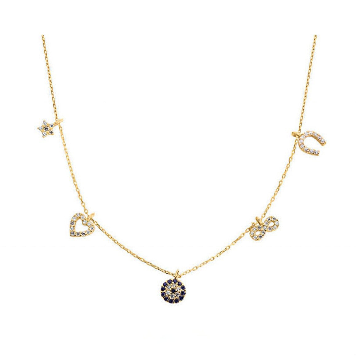 good luck gold necklace, gold charm necklace, evil eye necklace, infinity symbol necklace, horse shoe necklace
