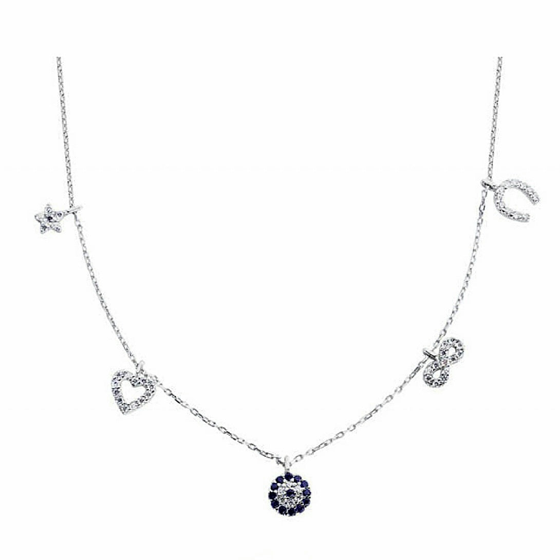 good luck silver necklace, silver charm necklace, evil eye necklace, infinity symbol necklace, horse shoe necklace