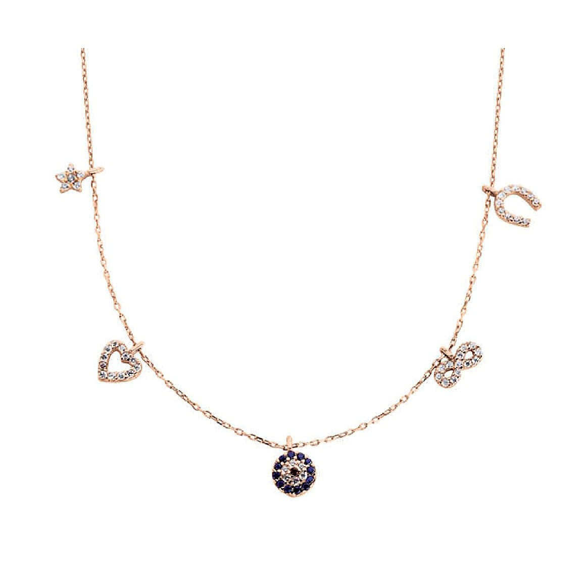 good luck gold necklace, gold charm necklace, evil eye necklace, infinity symbol necklace, horse shoe necklace