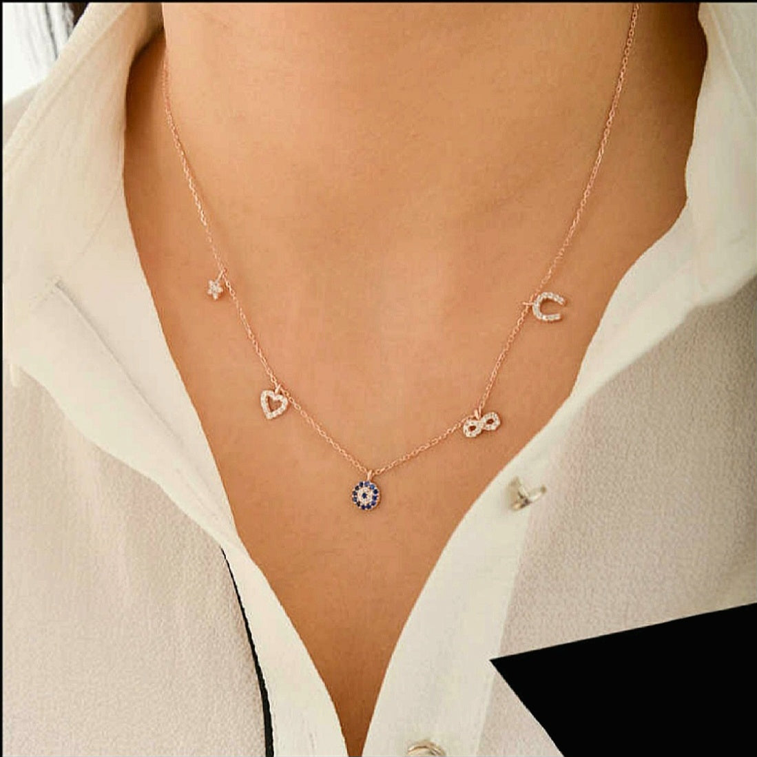 good luck gold necklace, gold charm necklace, evil eye necklace, infinity symbol necklace, horse shoe necklace
