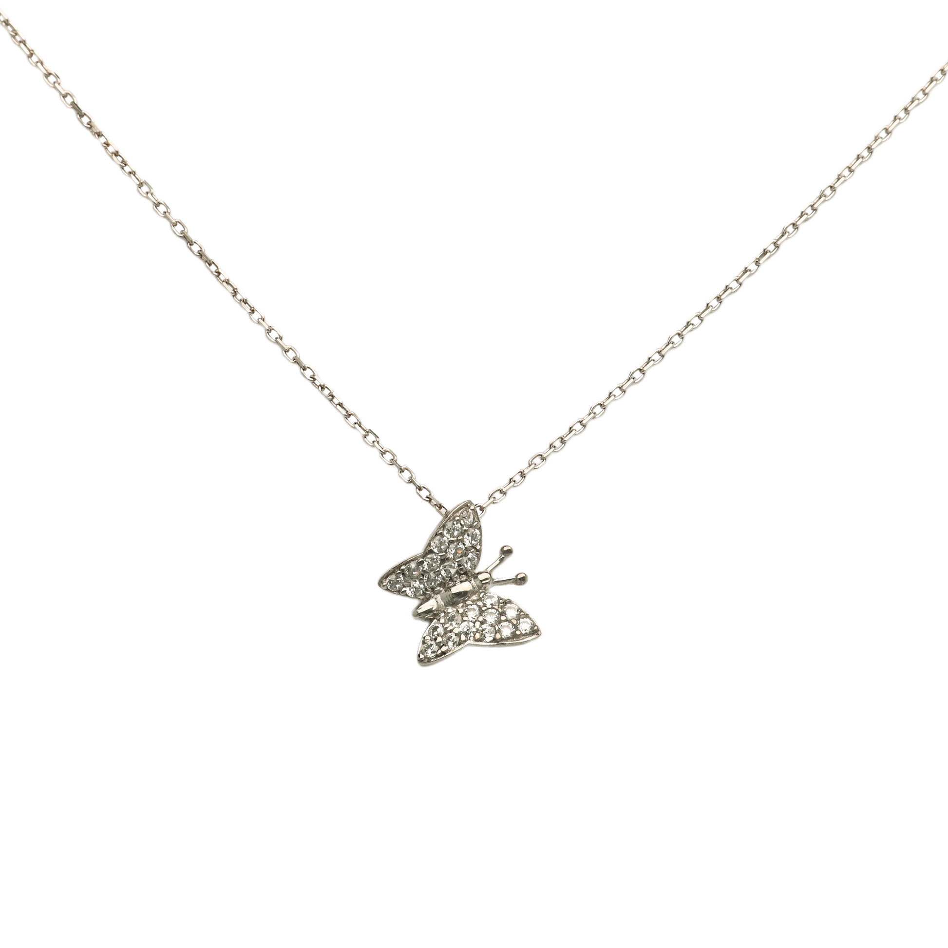 silver butterfly necklace, silver gem butterfly necklace