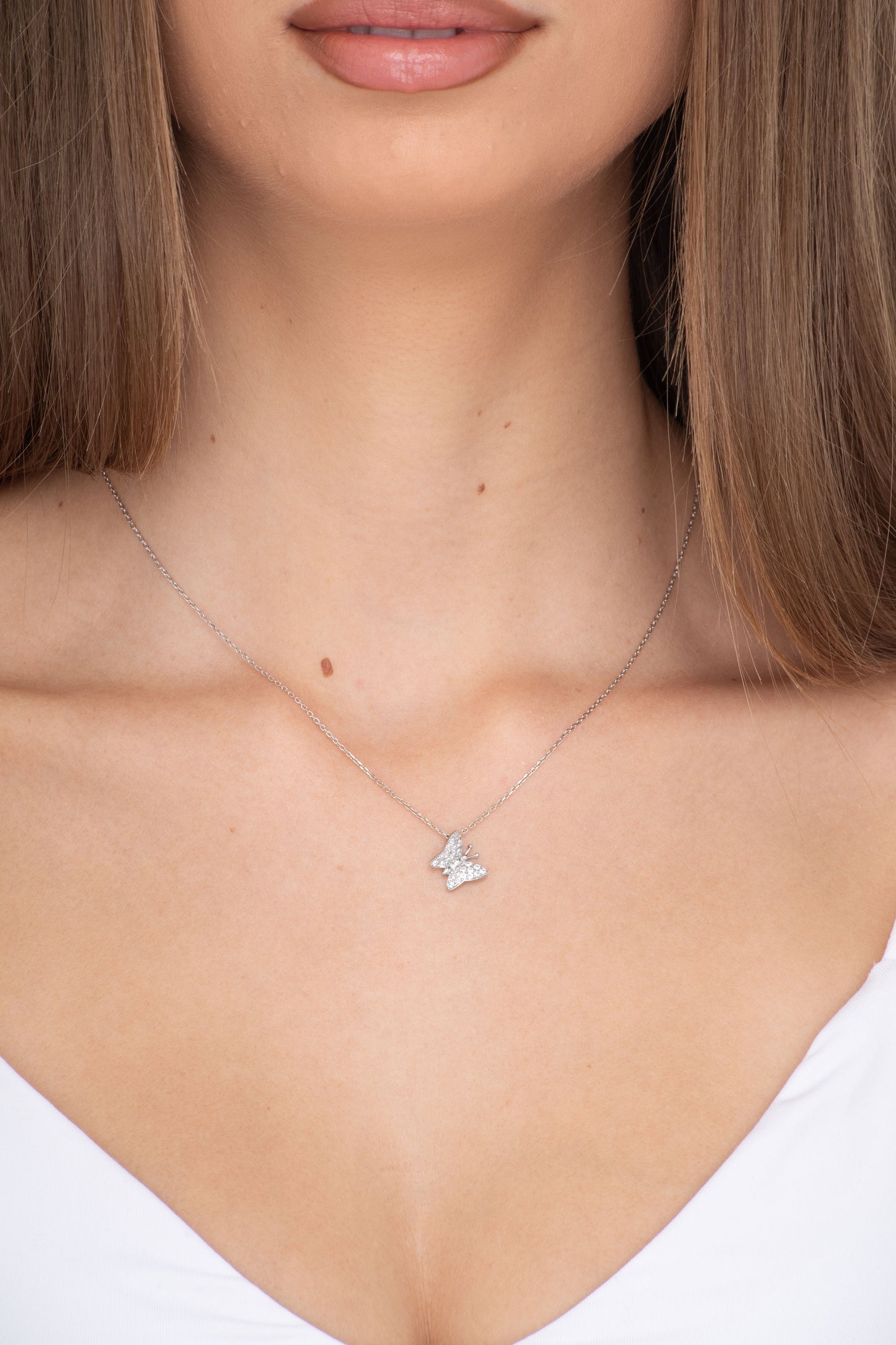 silver butterfly necklace, silver gem butterfly necklace