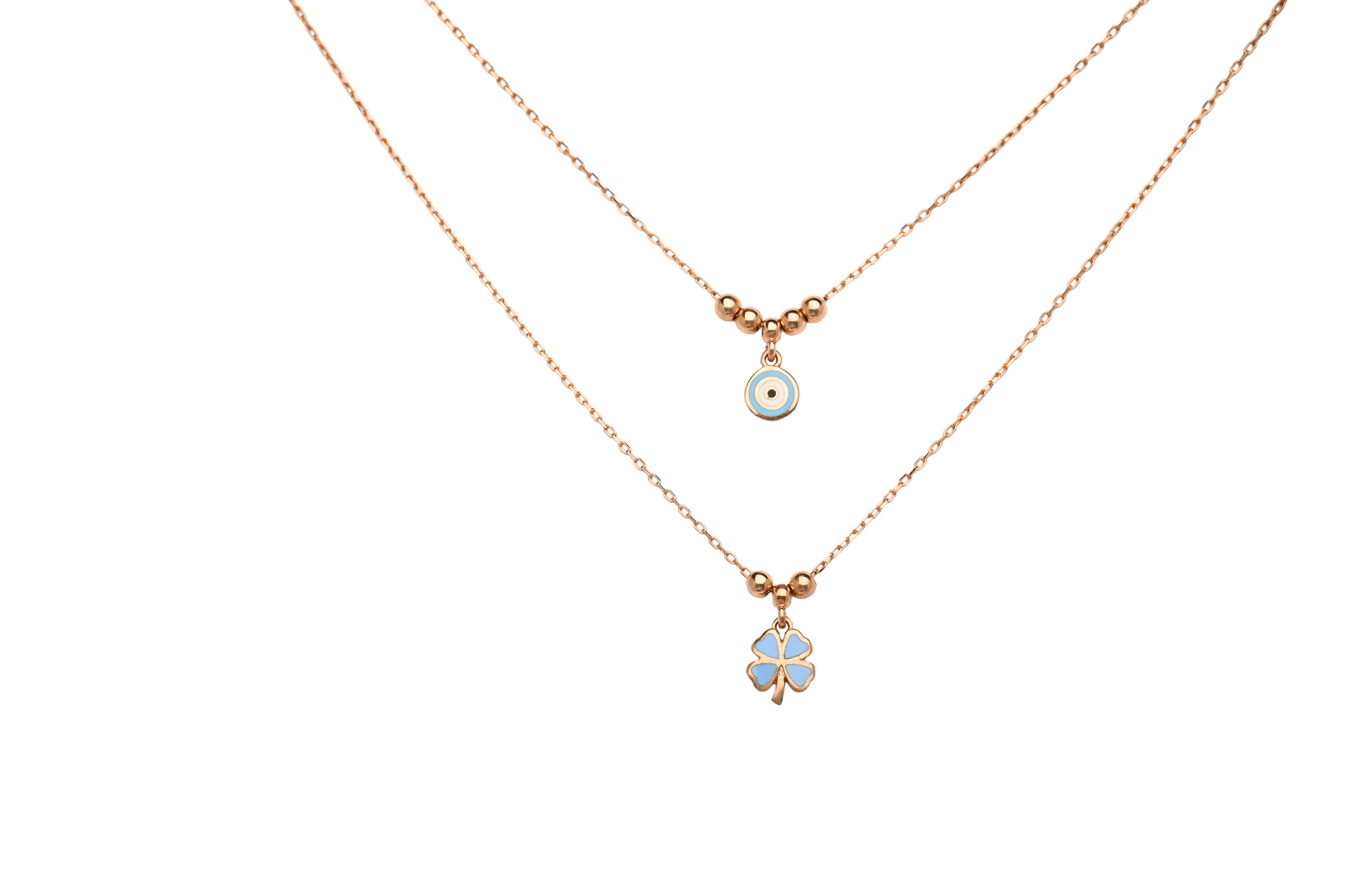 double chain necklace, evil eye necklace, four leaf clover necklace, rose gold evil eye necklace, rose gold four leaf clover necklace