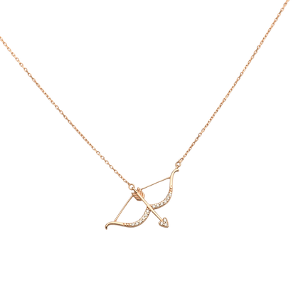 gold bow and arrow necklace, gold love necklace, gold cherub target necklace, gold diamond bow and arrow necklace