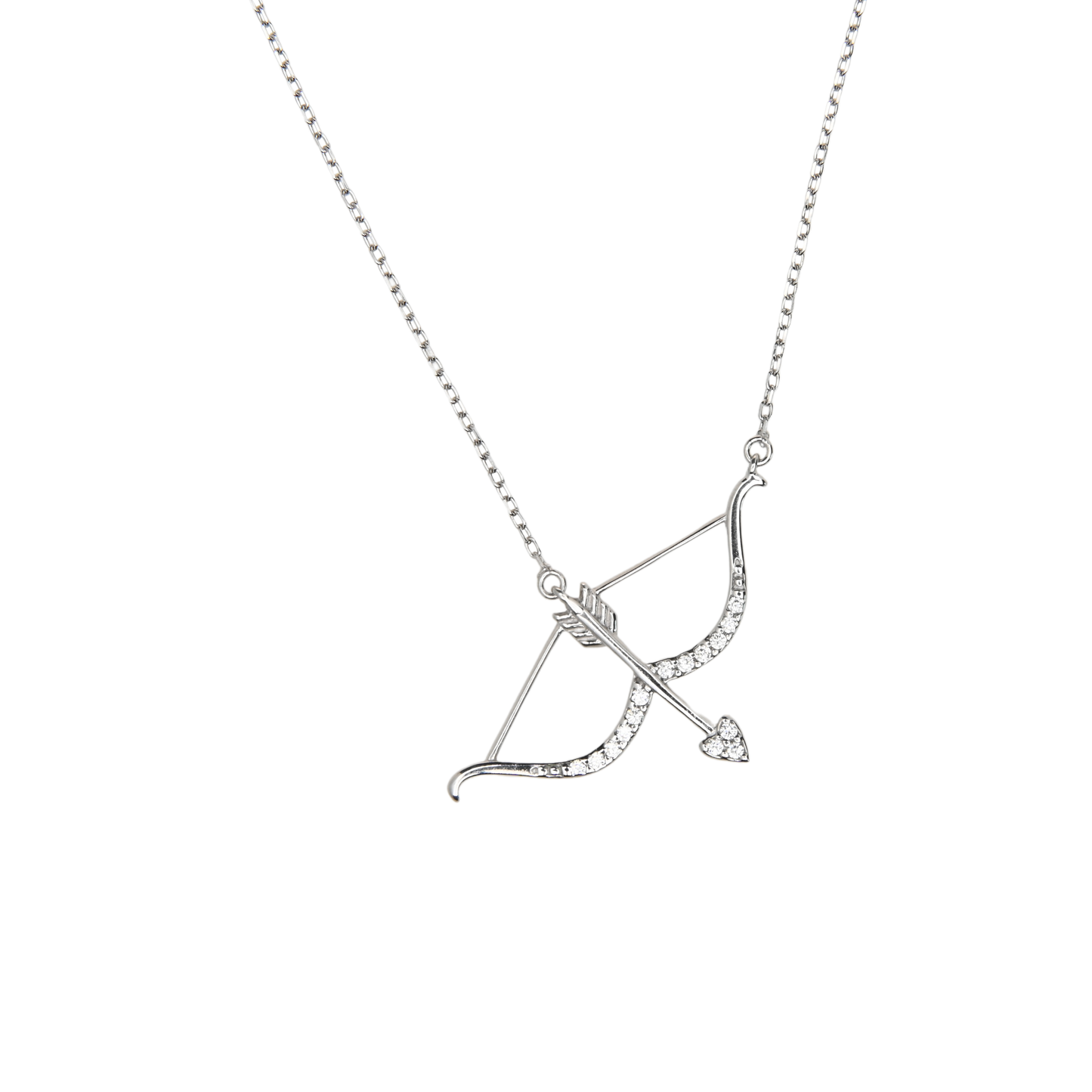 silver bow and arrow necklace, silver love necklace, silver cherub target necklace, silver diamond bow and arrow necklace