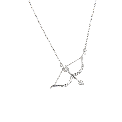 silver bow and arrow necklace, silver love necklace, silver cherub target necklace, silver diamond bow and arrow necklace