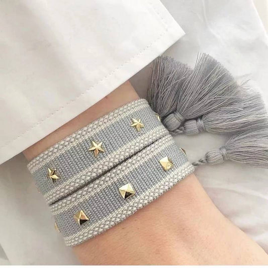 grey cotton friendship bracelet, tassel bracelet, star studded cotton bracelet