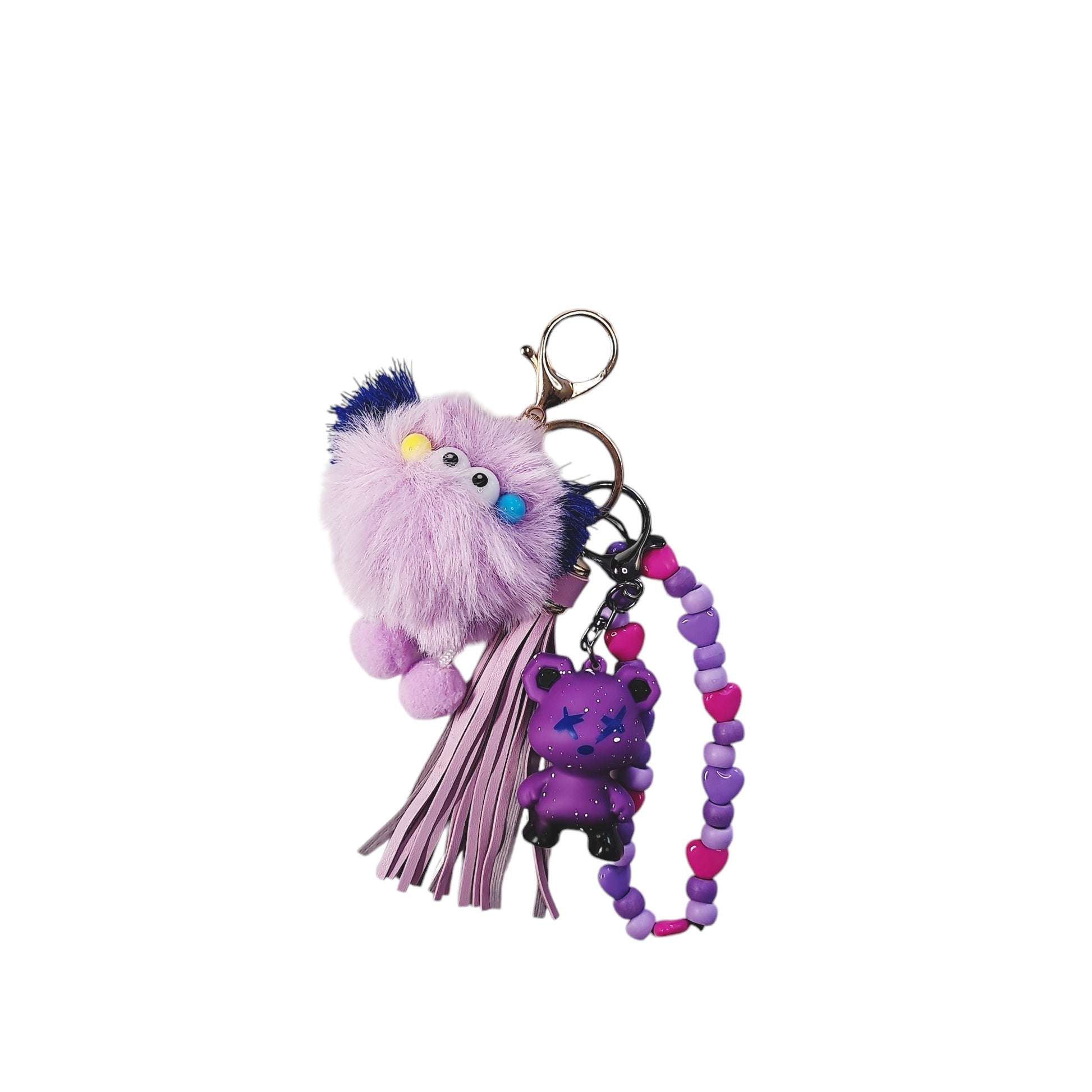 Cute and colorful keychain featuring a fluffy pom-pom character with googly eyes, a dangling bear charm, and a beaded strand. Perfect for adding a playful touch to your keys or bag.