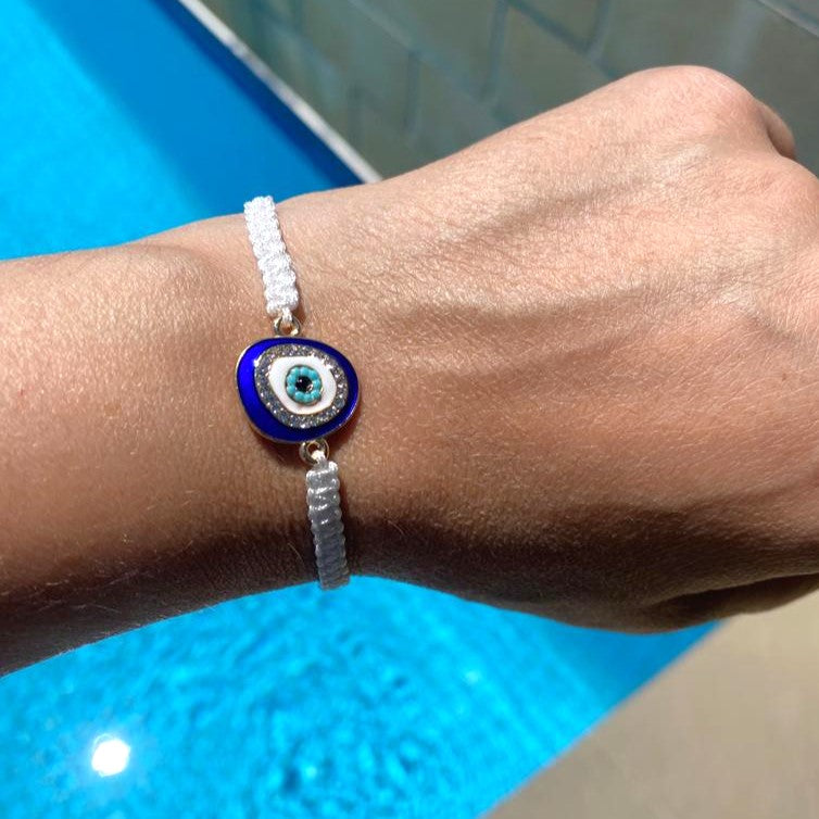 macrame evil eye bracelet, white evil eye bracelet, cotton macrame evil eye bracelet, evil eye jewellery