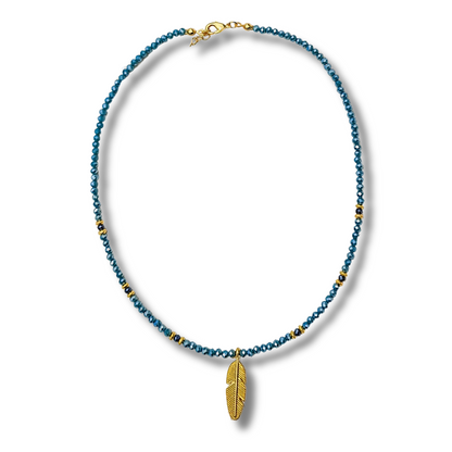 blue crystal bead necklace with gold leaf charm, gold leaf necklace, blue crystal beaded necklace, blue beaded necklace