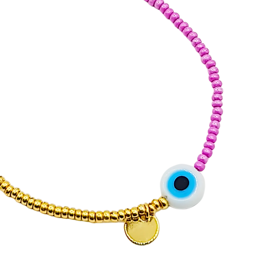 beaded bracelet, pink and gold bead bracelet, evil eye bracelet, evil eye charm bracelet, pink evil eye bracelet, pink beaded bracelet, pink and gold beaded bracelet