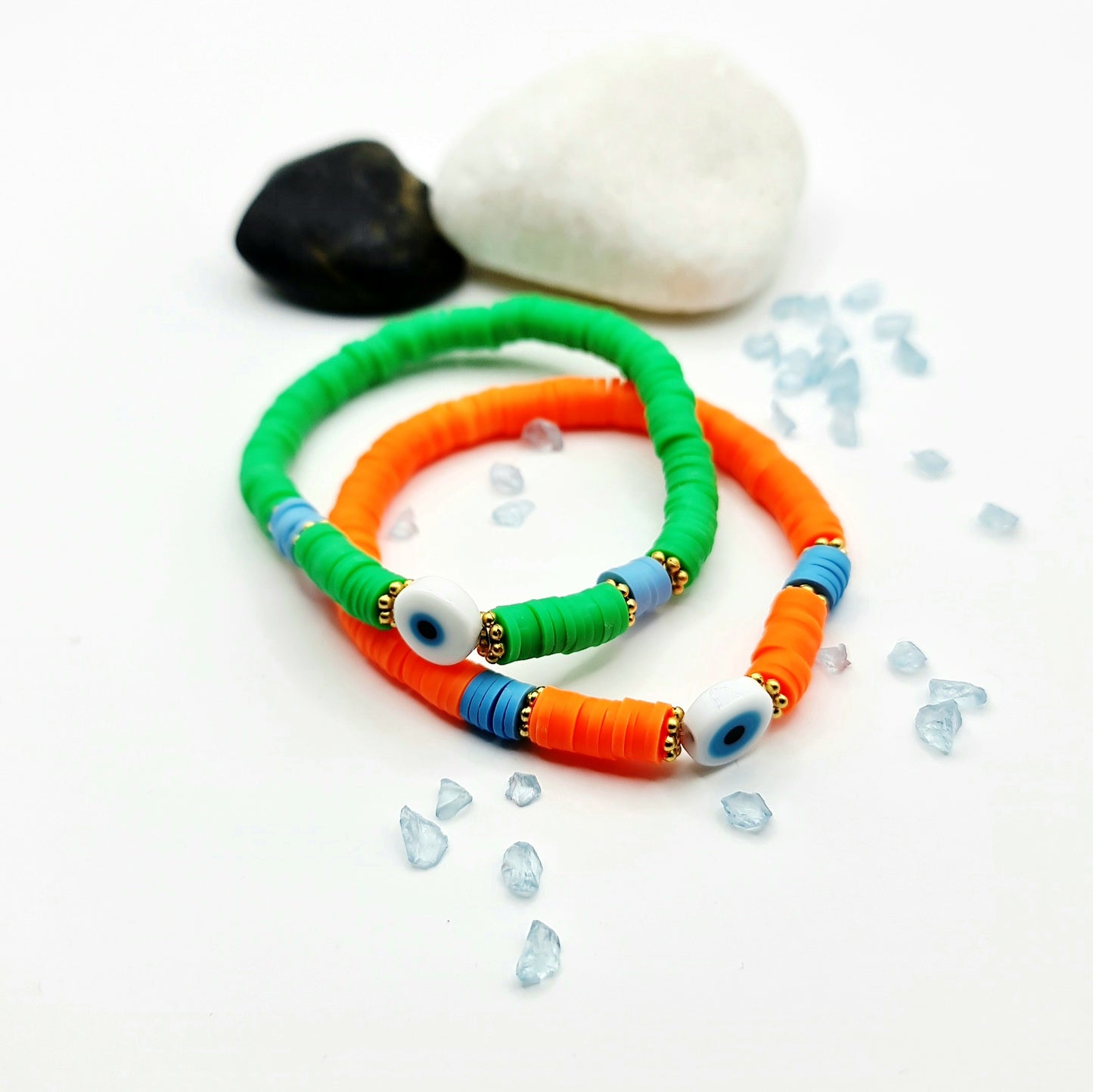 green evil eye beaded bracelet, heishi evil eye bracelet, orange and blue evil eye bracelet, evil eye bracelet, orange beaded bracelet