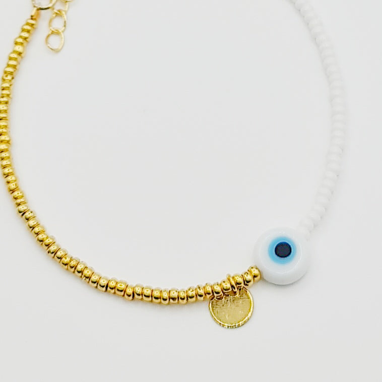 beaded bracelet, white and gold bead bracelet, evil eye bracelet, evil eye charm bracelet, white evil eye bracelet, gold beaded bracelet, white and gold beaded bracelet, beaded jewellery