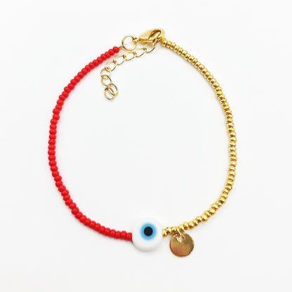 beaded bracelet, red and gold bead bracelet, evil eye bracelet, evil eye charm bracelet, red evil eye bracelet, red beaded bracelet, red and gold beaded bracelet, beaded jewellery