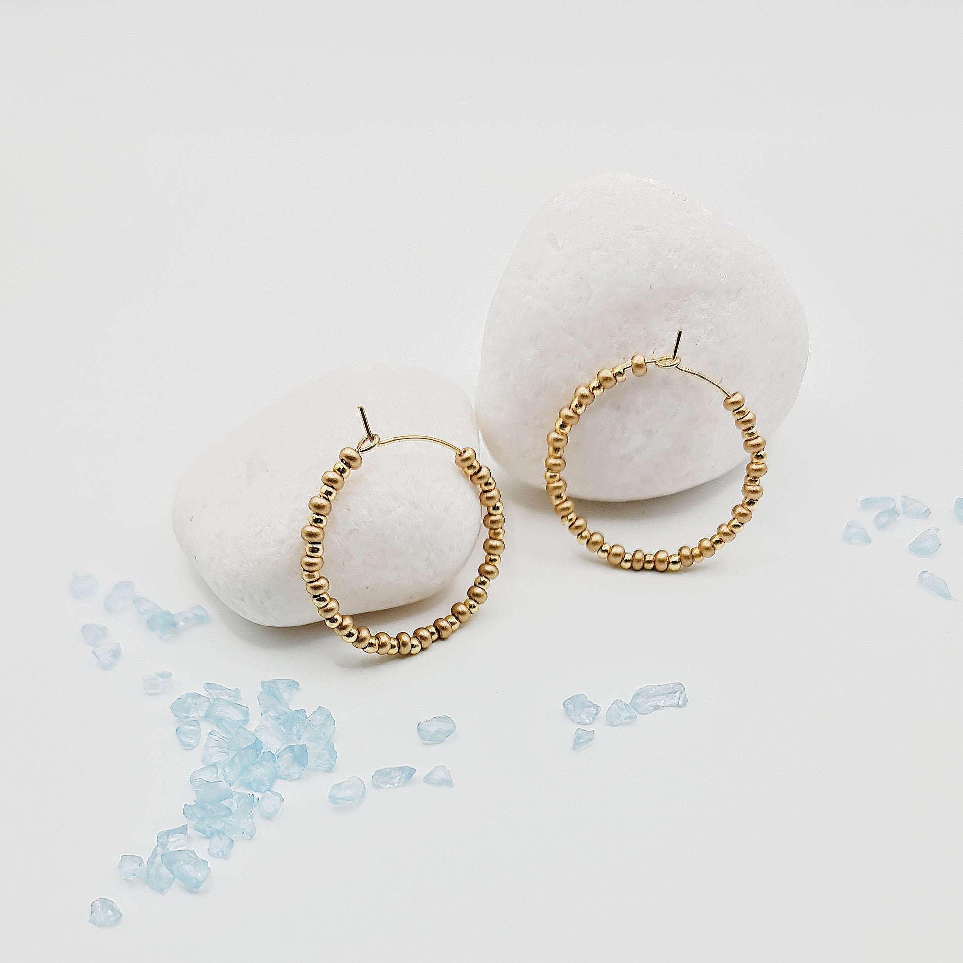 glass bead hoop earrings,  beaded hoop earrings, gold bead hoop earrings