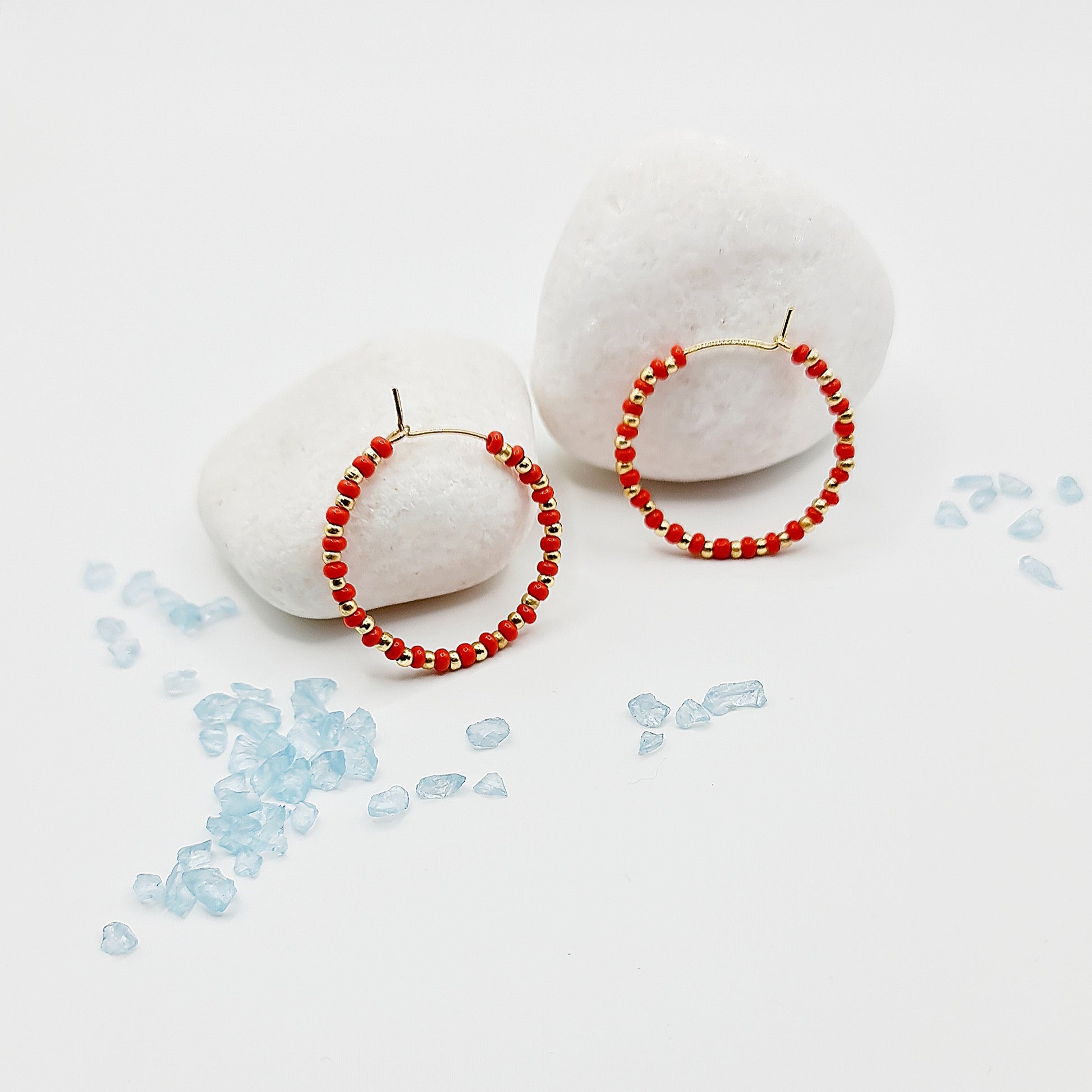 glass bead hoop earrings, red and gold hoop earrings, beaded hoop earrings, red hoop earrings