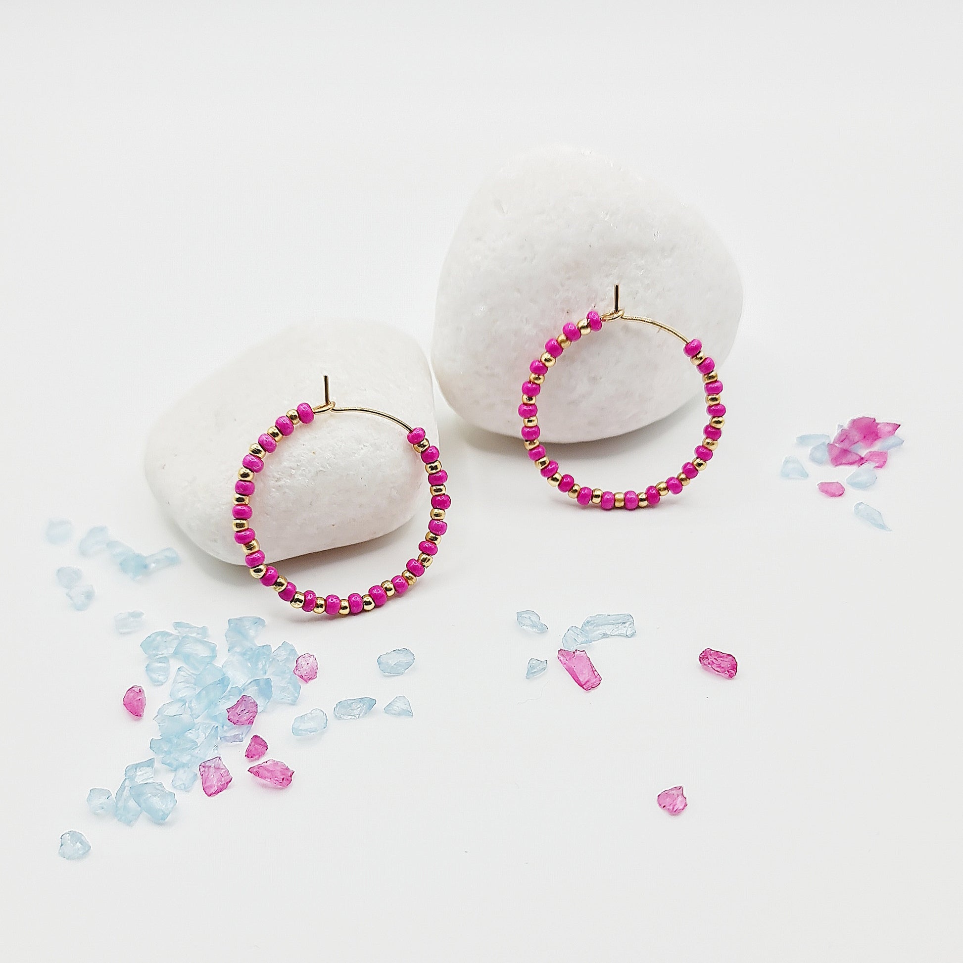 glass bead hoop earrings, pink and gold hoop earrings, beaded hoop earrings, 