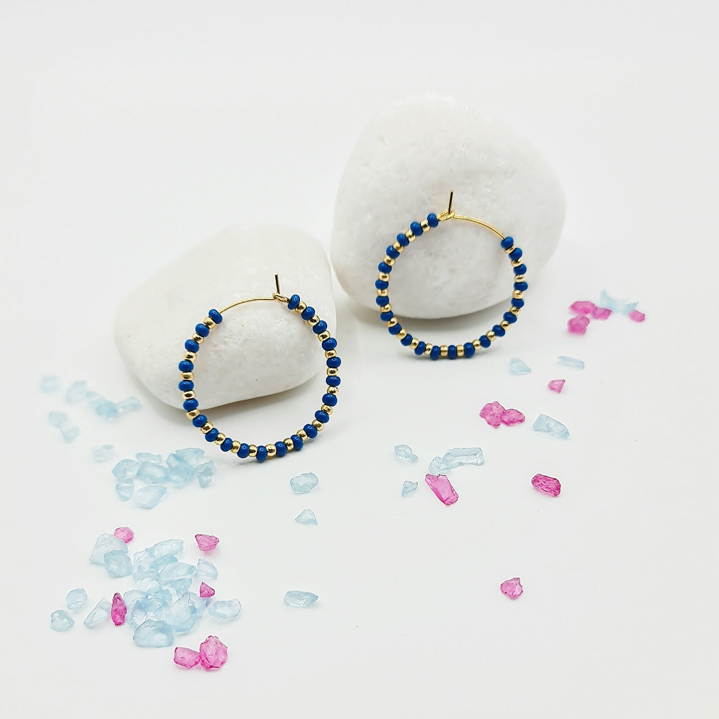 glass bead hoop earrings, blue and gold hoop earrings, beaded hoop earrings