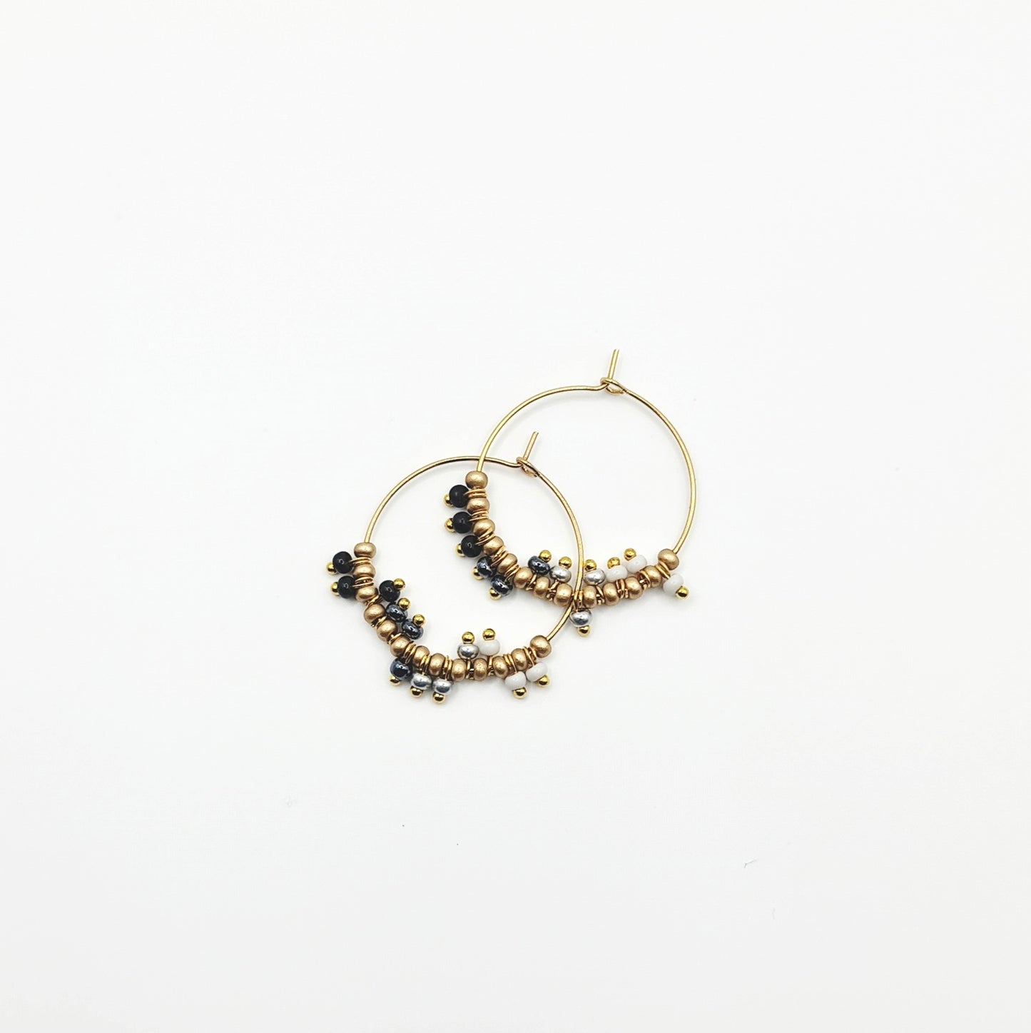 black and gold hoop earrings, and gold beaded hoop earrings, black beaded earrings