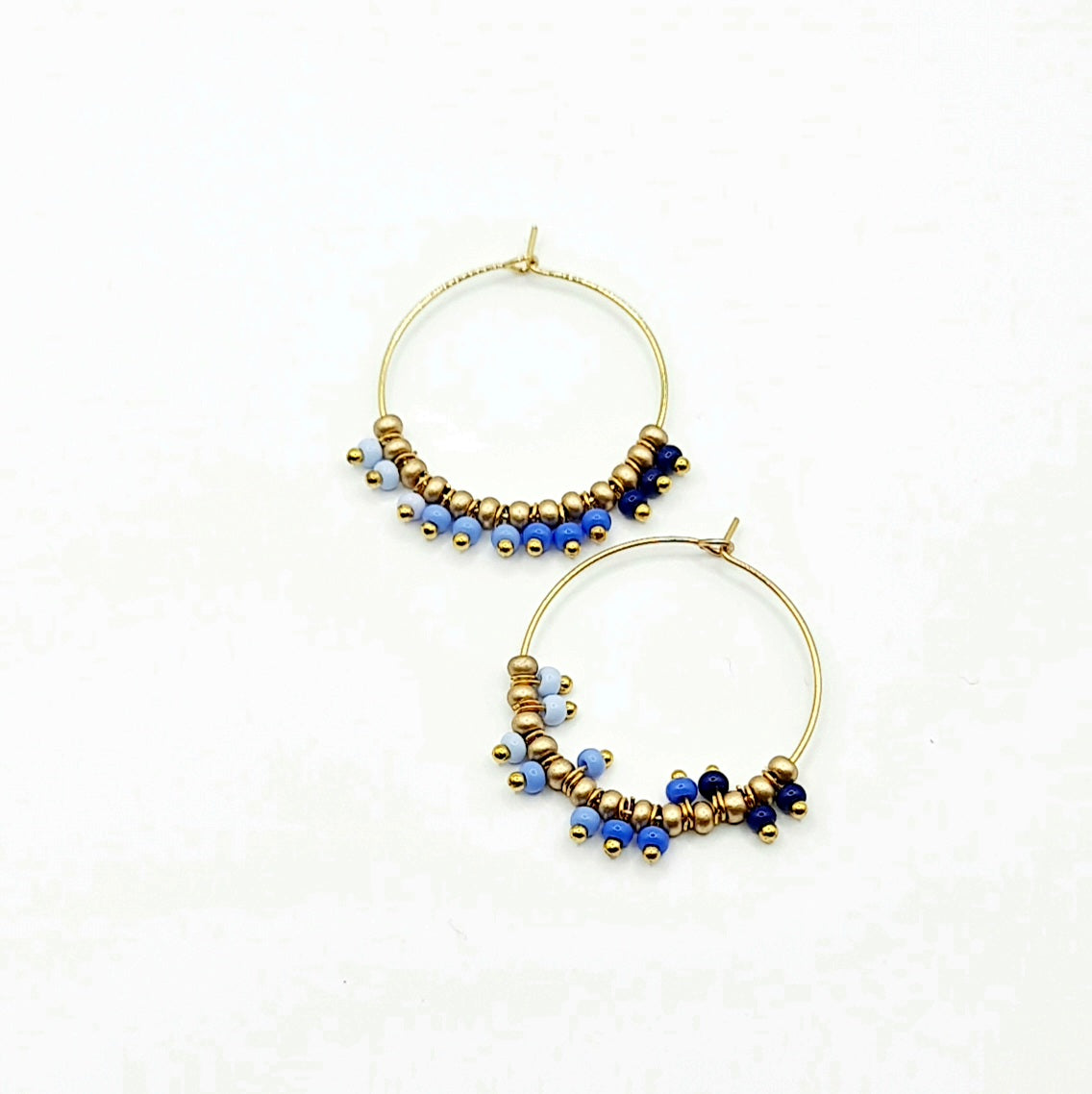 blue and gold hoop earrings, blue and gold beaded hoop earrings, blue beaded earrings