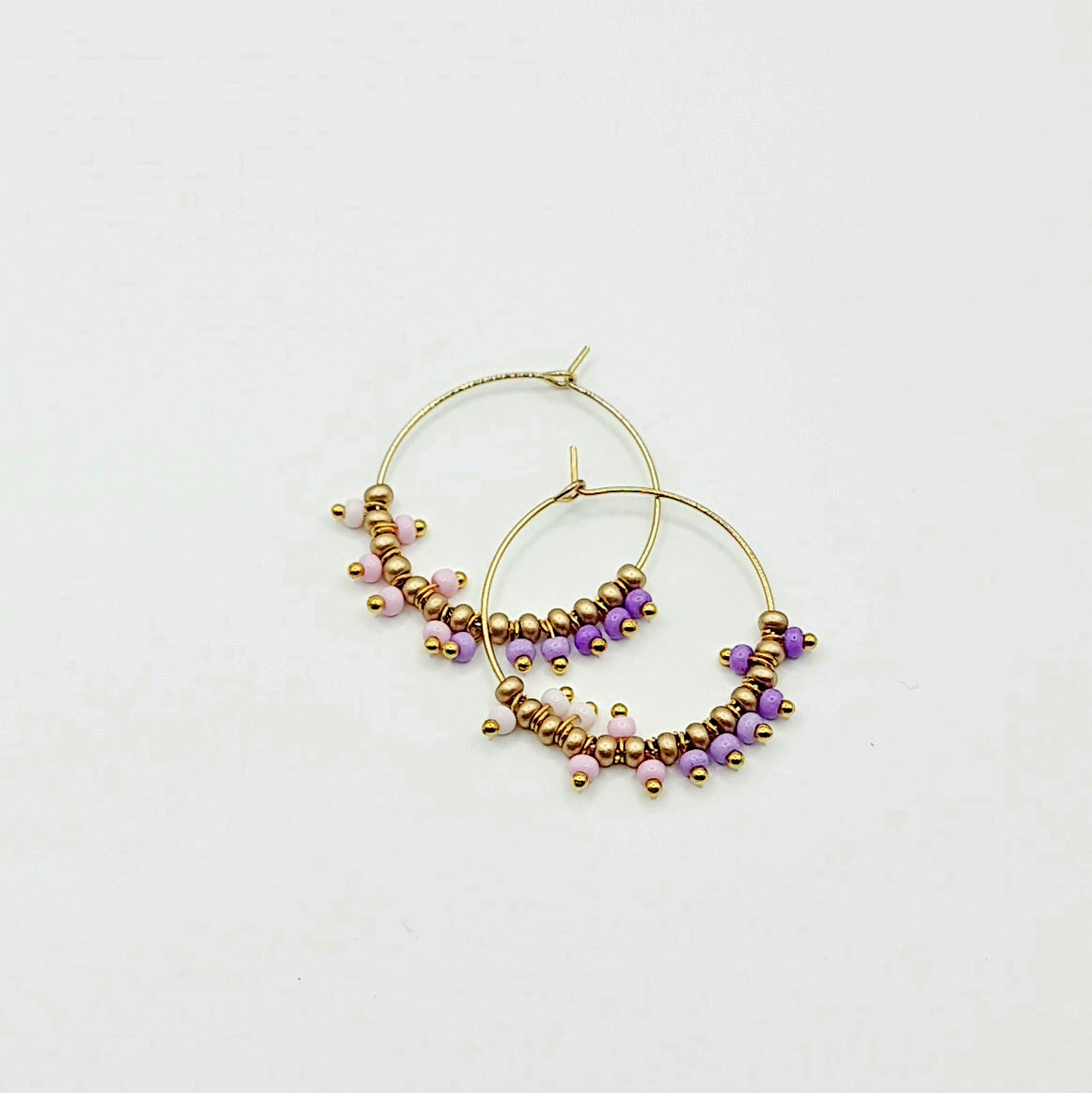 purple and gold hoop earrings, purple and gold beaded hoop earrings, purple beaded earrings