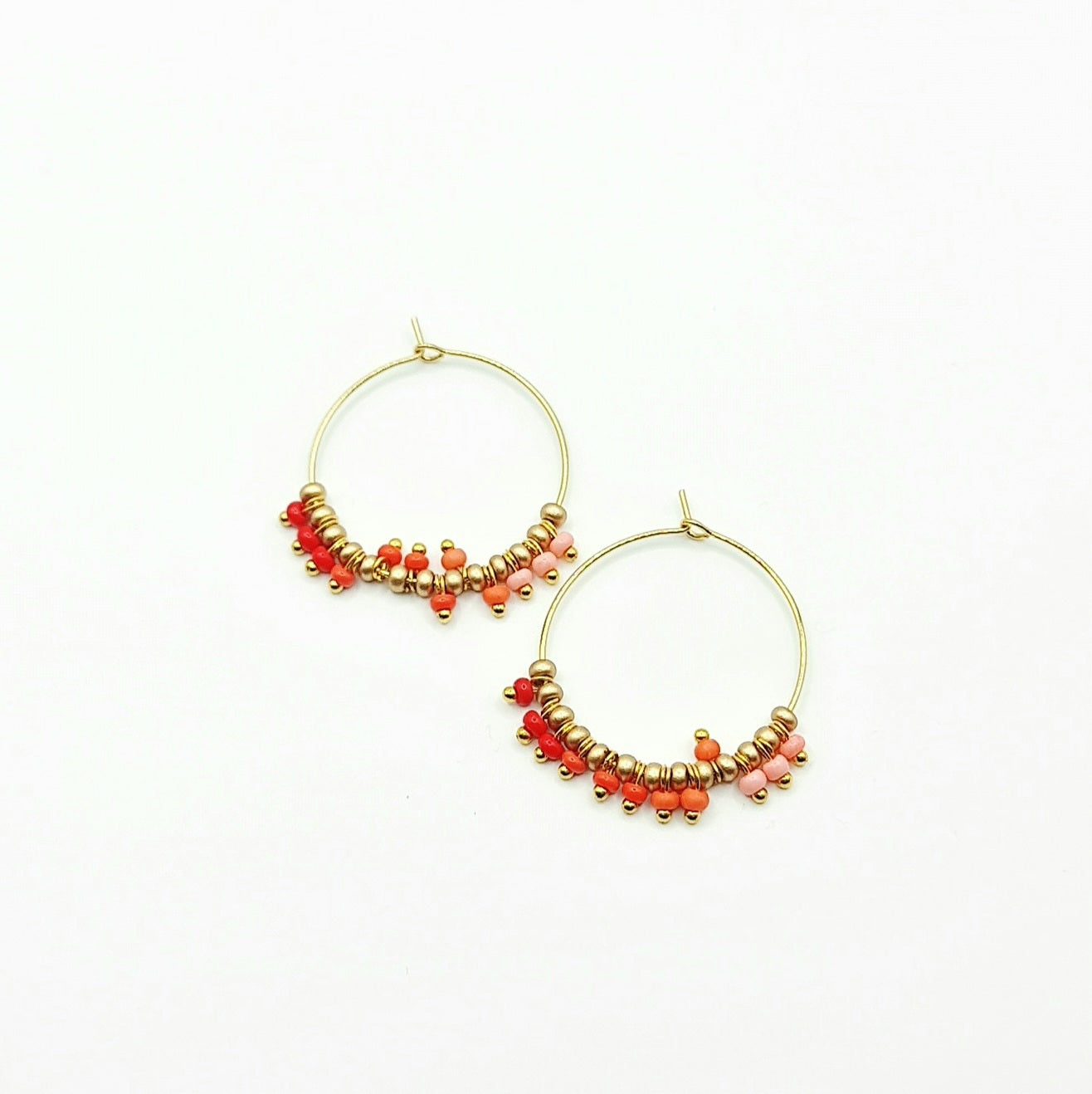 orange and gold hoop earrings, orange and gold beaded hoop earrings, orange beaded earrings