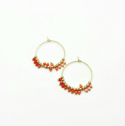 orange and gold hoop earrings, orange and gold beaded hoop earrings, orange beaded earrings