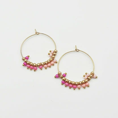 pink and gold hoop earrings, pink and gold beaded hoop earrings, pink beaded earrings