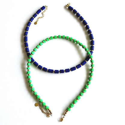 blue and gold beaded necklace, green and gold beaded necklace