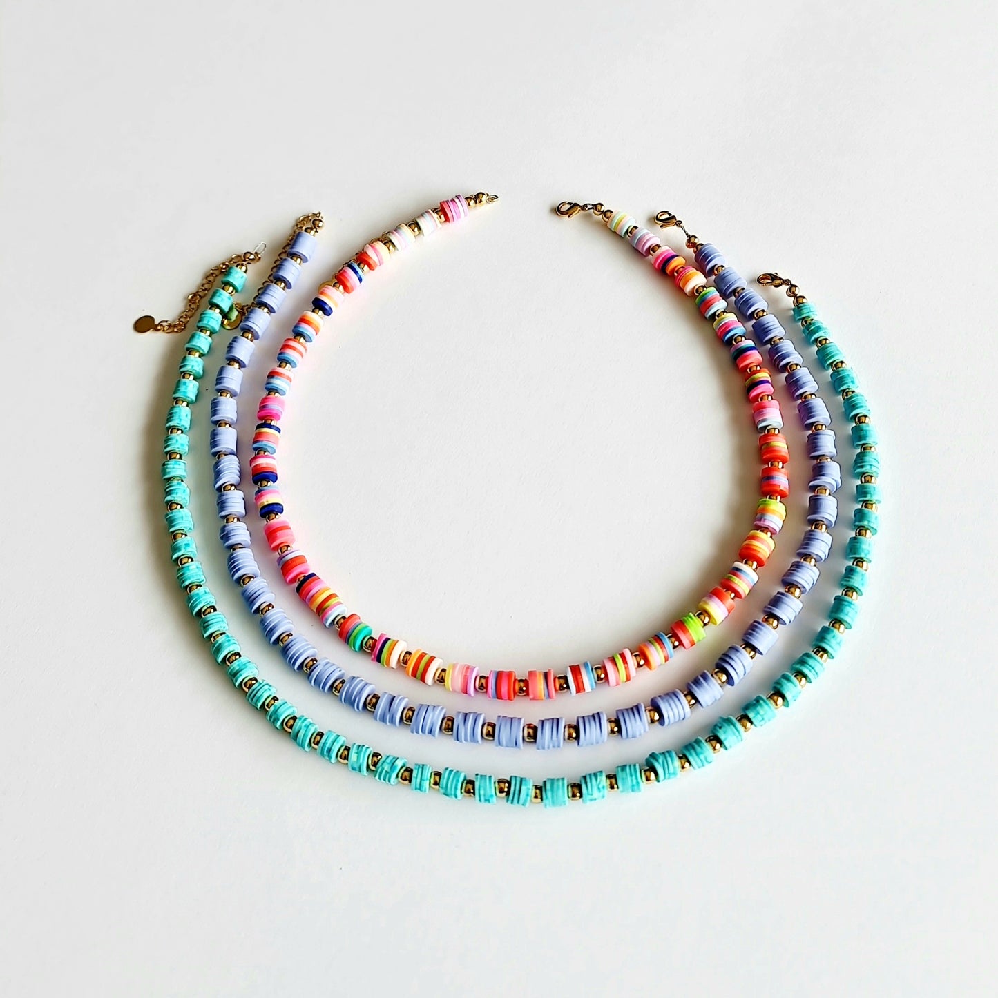 rainbow beaded necklace, aqua beaded necklace, purple beaded necklace, beaded jewellery, heishi bead necklace