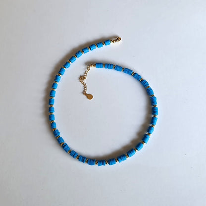 heishi bead necklace, Beaded necklace,  beaded jewellery, blue necklace, beaded jewellery, blue and gold beaded necklace, blue beaded necklace