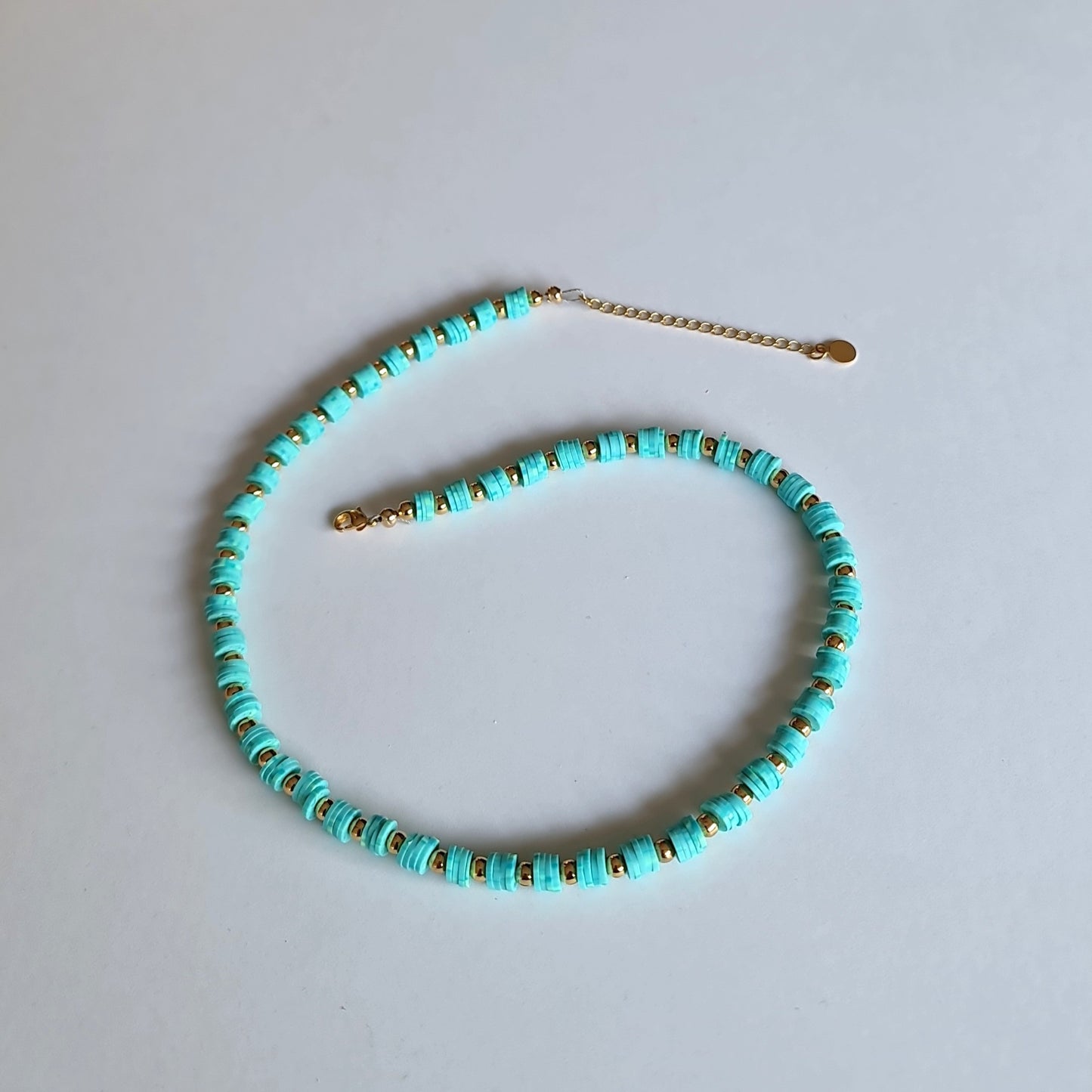 heishi bead necklace, Beaded necklace, beaded jewellery, aqua necklace, beaded jewellery, aqua and gold beaded necklace, aqua beaded necklace