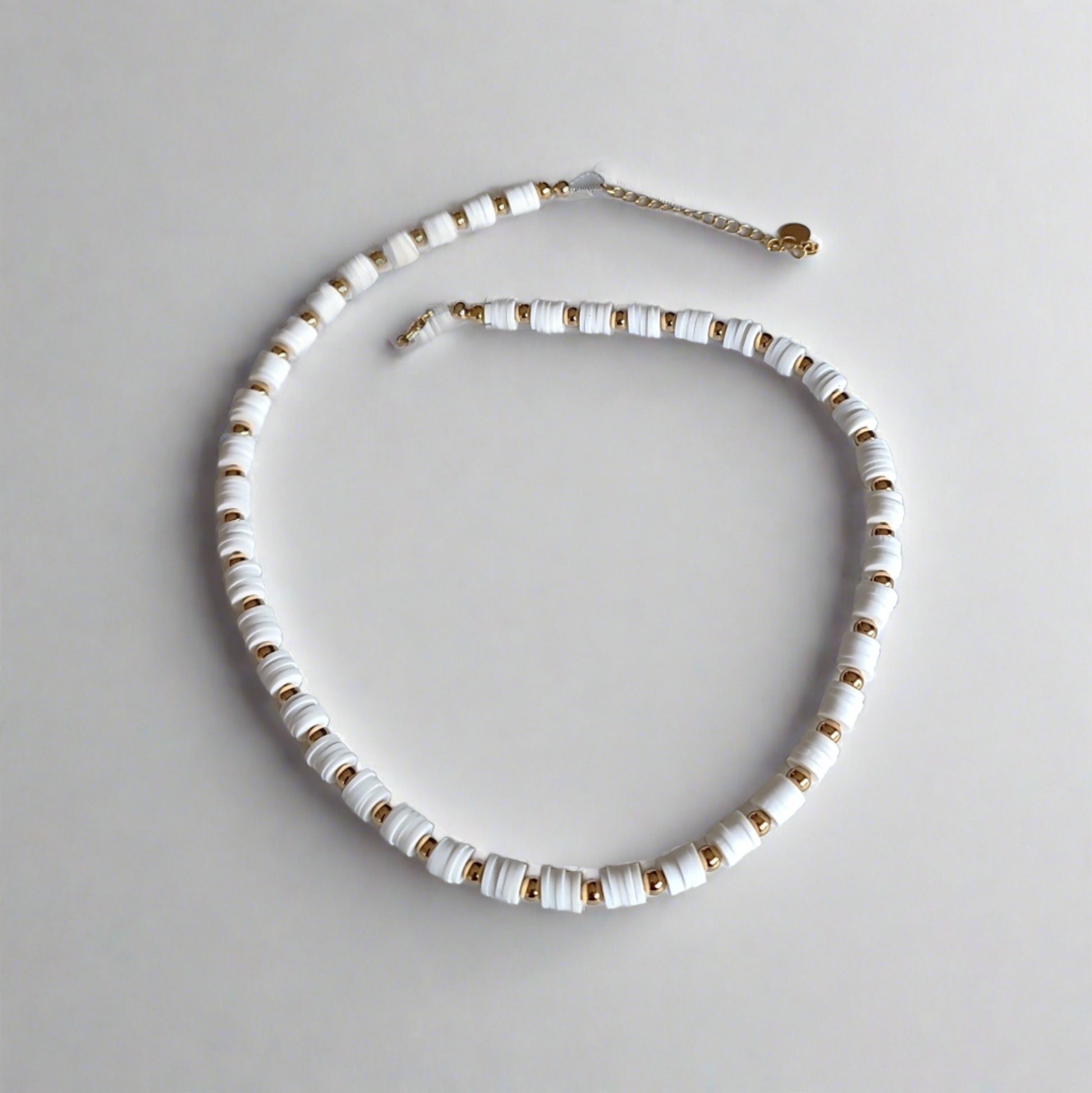 heishi bead necklace, Beaded necklace,  beaded jewellery, white necklace, beaded jewellery, white and gold beaded necklace, white beaded necklace