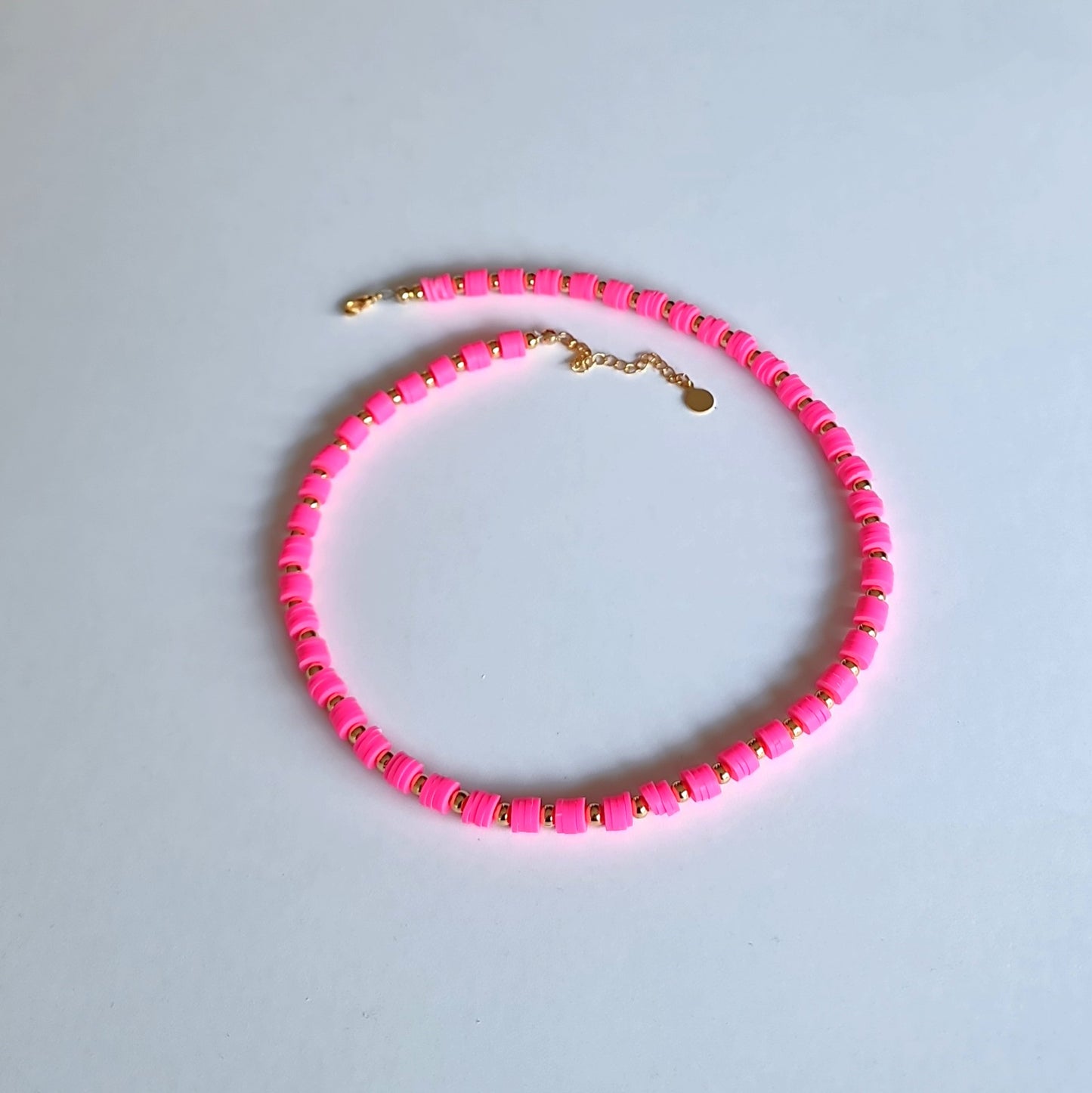 heishi bead necklace, Beaded necklace, beaded jewellery, neon pink necklace, beaded jewellery, neon pink and gold beaded necklace, neon pink beaded necklace