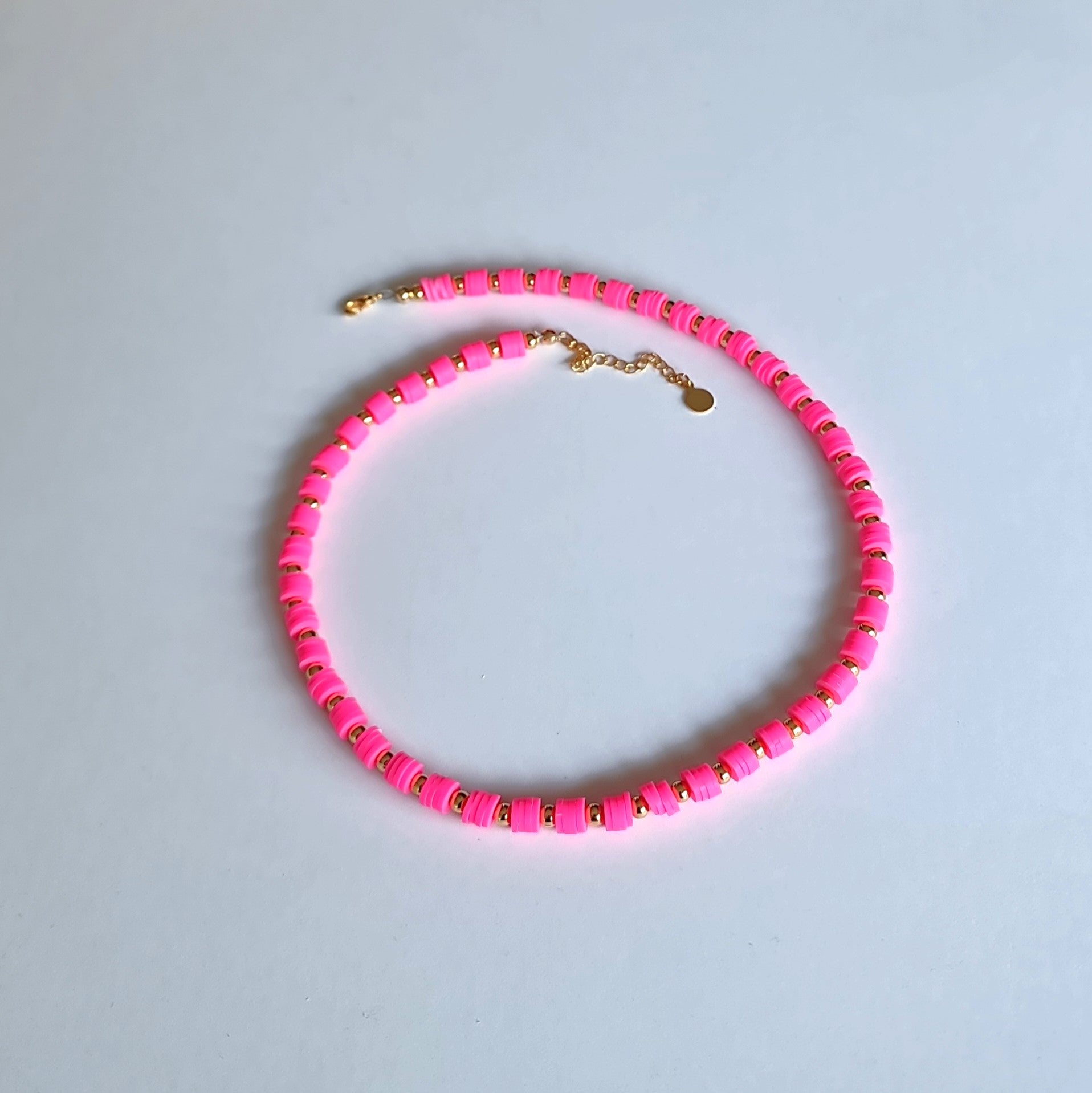 heishi bead necklace, Beaded necklace, beaded jewellery, neon pink necklace, beaded jewellery, neon pink and gold beaded necklace, neon pink beaded necklace