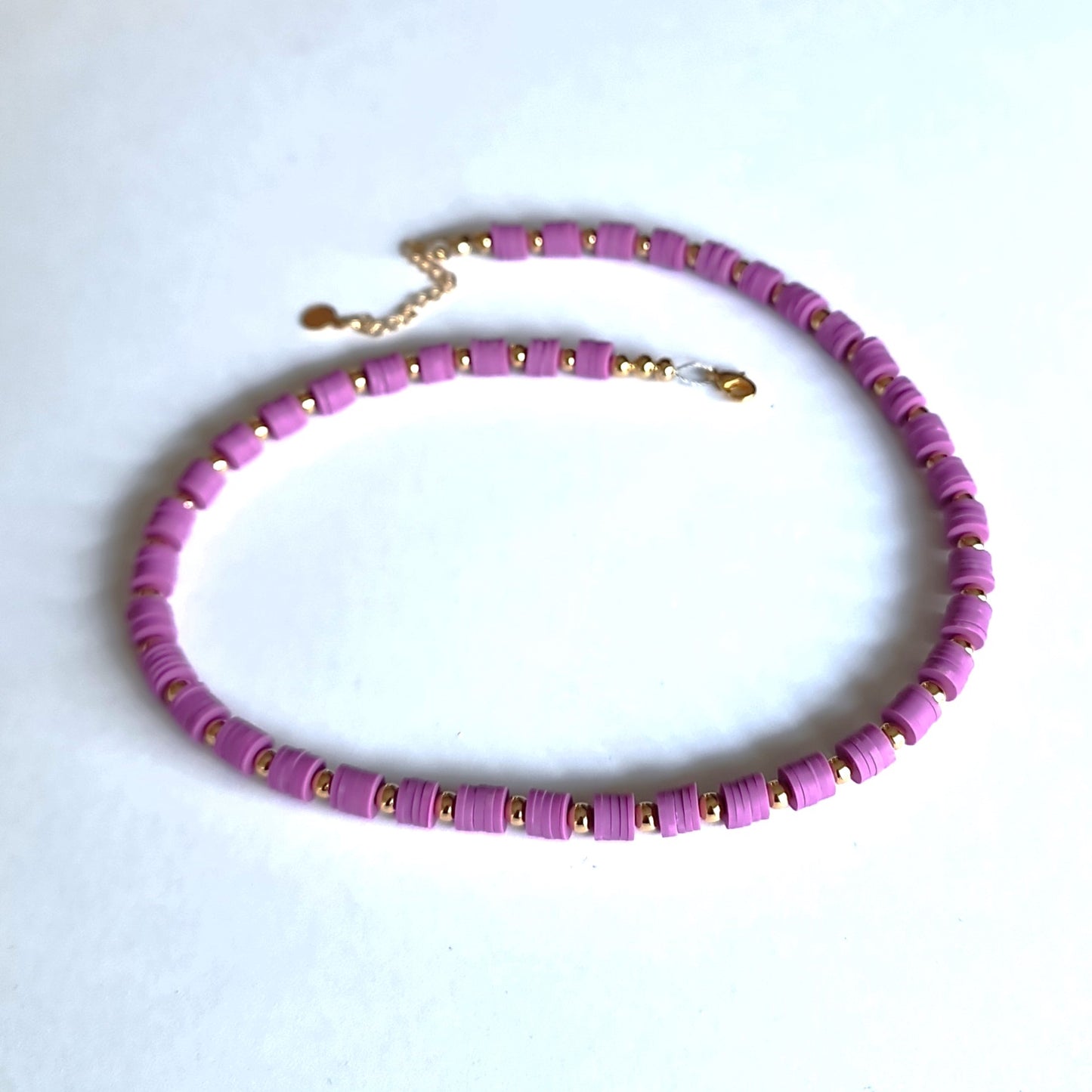 heishi bead necklace, Beaded necklace, beaded jewellery, purple necklace, beaded jewellery, purple and gold beaded necklace, purple beaded necklace