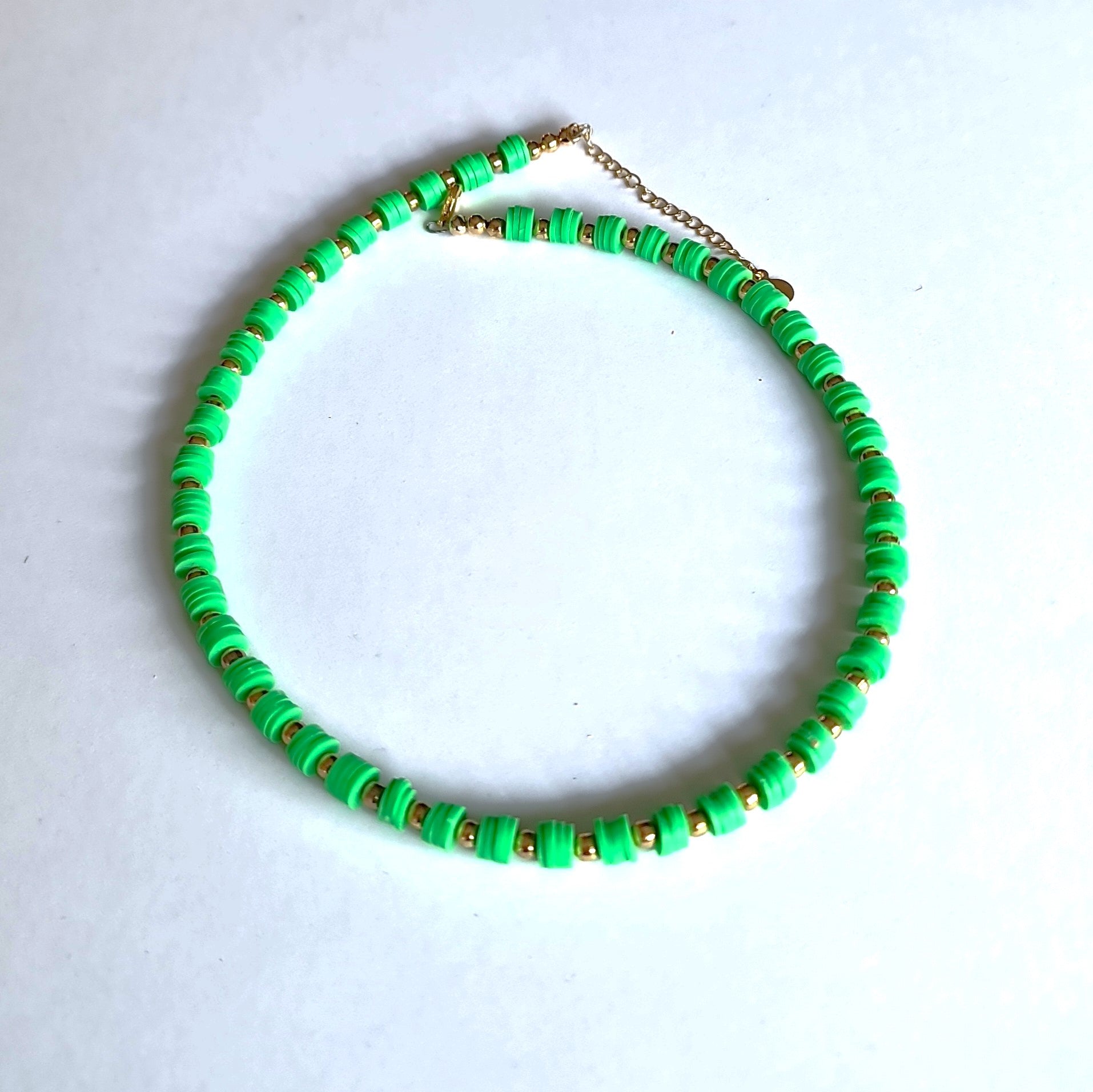 heishi bead necklace, Beaded necklace, beaded jewellery, green necklace, beaded jewellery, green and gold beaded necklace, green beaded necklace