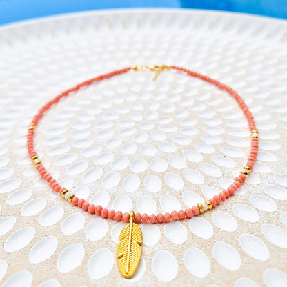 salmon crystal bead necklace with gold leaf charm, gold leaf necklace, salmon crystal beaded necklace, salmon beaded necklace