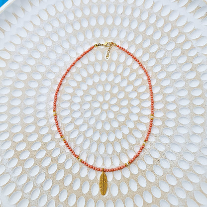 salmon crystal bead necklace with gold leaf charm, gold leaf necklace, salmon crystal beaded necklace, salmon beaded necklace