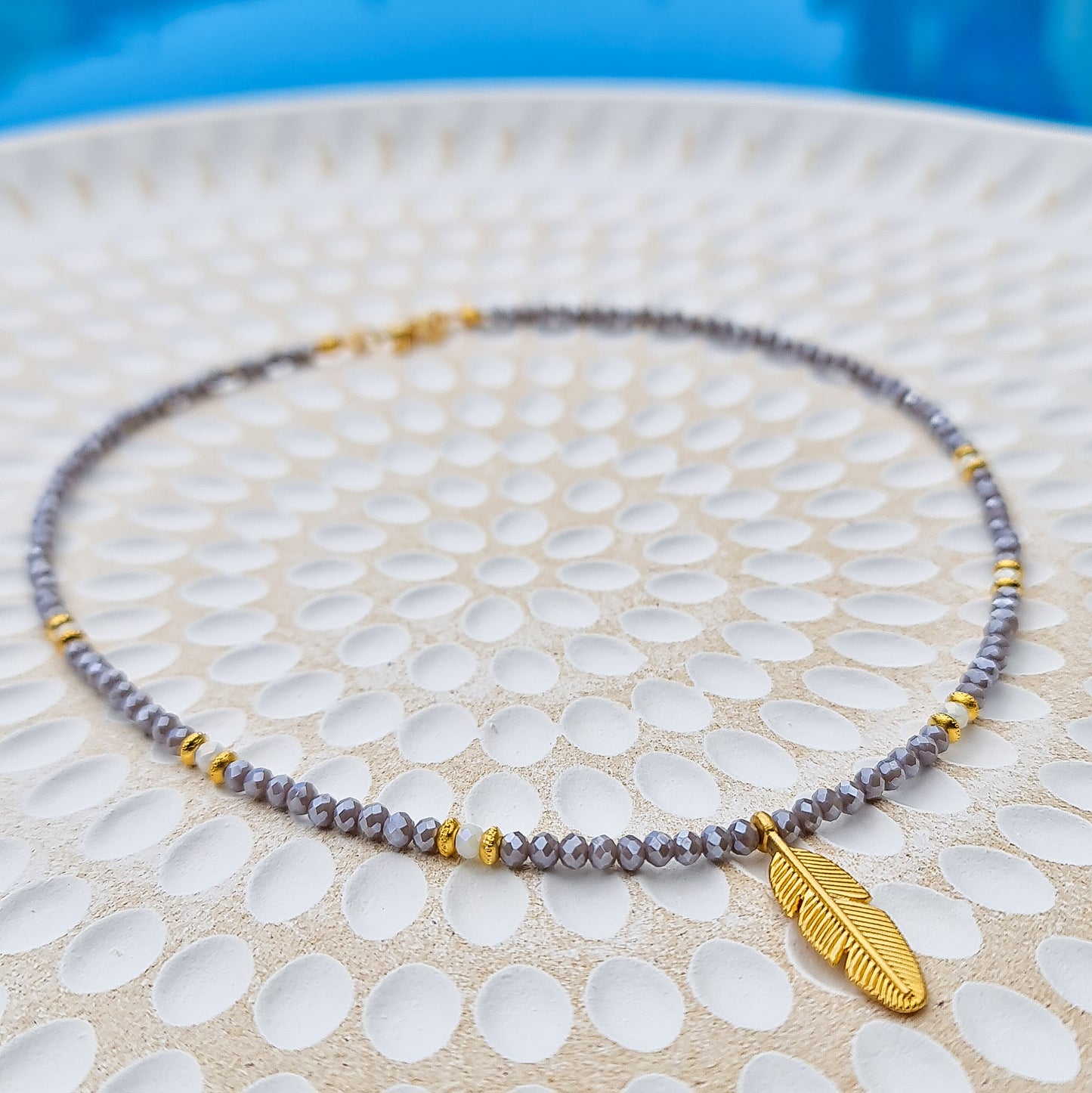 silver crystal bead necklace with gold leaf charm, gold leaf necklace, silver crystal beaded necklace, silver beaded necklace