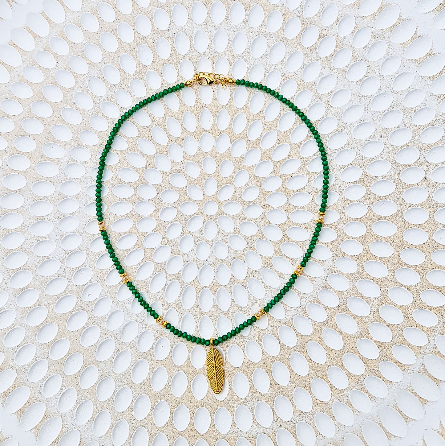 green crystal bead necklace with gold leaf charm, gold leaf necklace, green crystal beaded necklace, green beaded necklace