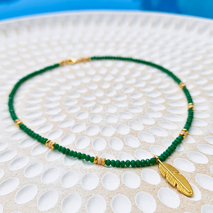 green crystal bead necklace with gold leaf charm, gold leaf necklace, green crystal beaded necklace, green beaded necklace