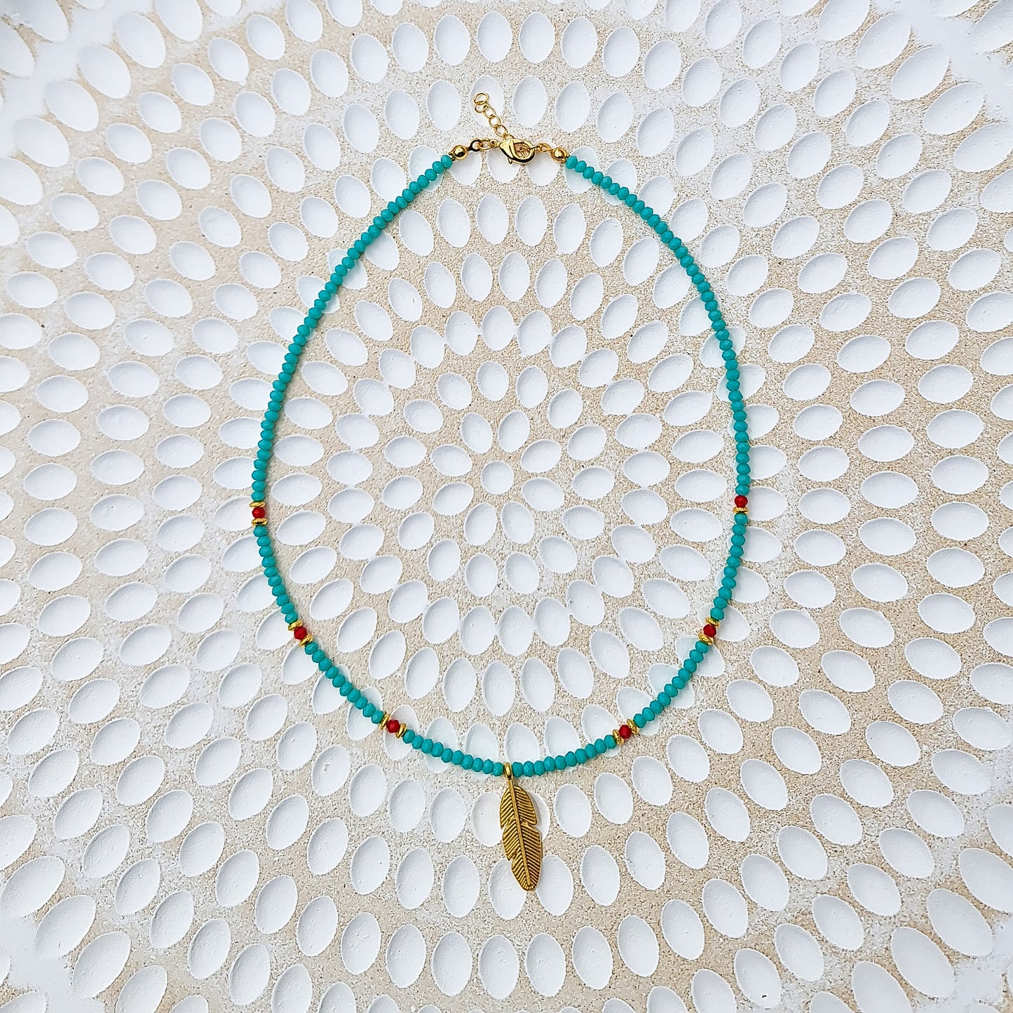 turquoise crystal bead necklace with gold leaf charm, gold leaf necklace, turquoise crystal beaded necklace, turquoise beaded necklace