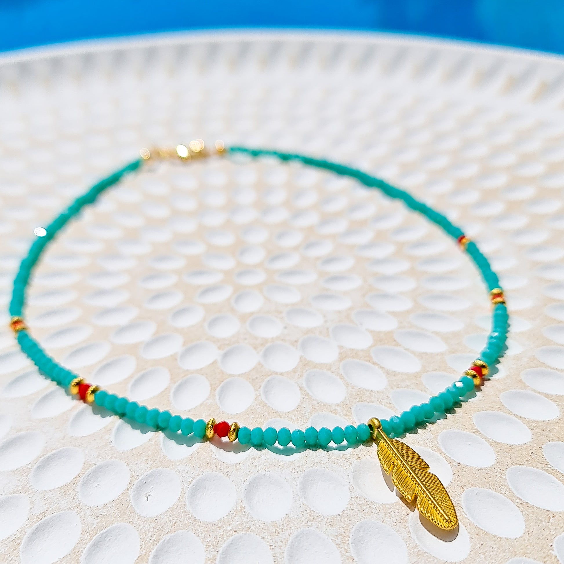 turquoise crystal bead necklace with gold leaf charm, gold leaf necklace, turquoise crystal beaded necklace, turquoise beaded necklace