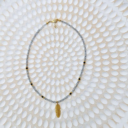 silver crystal bead necklace with gold leaf charm, gold leaf necklace, silver crystal beaded necklace, silver beaded necklace