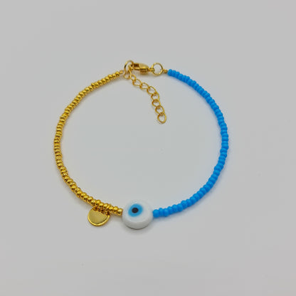 beaded bracelet, blue and gold bead bracelet, evil eye bracelet, evil eye charm bracelet, blue evil eye bracelet, blue beaded bracelet, blue and gold beaded bracelet, beaded jewellery