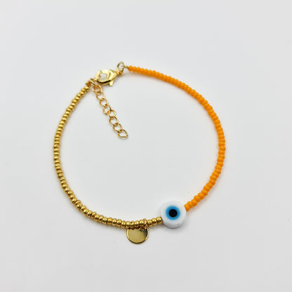 beaded bracelet, orange and gold bead bracelet, evil eye bracelet, evil eye charm bracelet, orange evil eye bracelet, orange beaded bracelet, orange and gold beaded bracelet, beaded jewellery